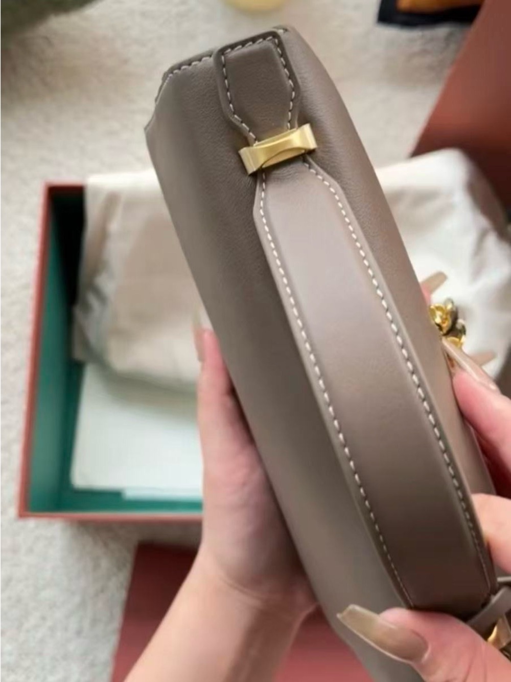 Taupe and Cream Top-Handle Mini Vanity Bag with Gold Hardware - Picture 4 of 6